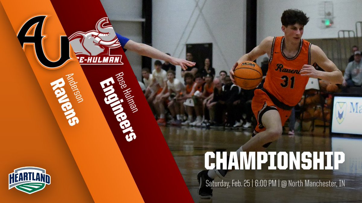 The <a href="/HCACDIII/">Heartland Collegiate Athletic Conference</a> Championship match is set! Second-seeded <a href="/AURavensMBB/">Anderson Men's Basketball</a> clashes with fourth-seeded Rose-Hulman tomorrow at 6 p.m. in North Manchester. #SoarRavensSoar #GBGR #TheHeartOfD3
