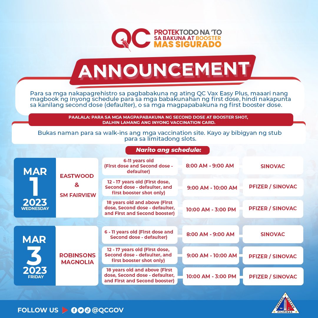 MAHALAGANG ANUNSYO      
    
Maaari nang mag-book ng first dose, missed second dose (defaulter), at booster shot ang mga edad 18 taong gulang pataas.