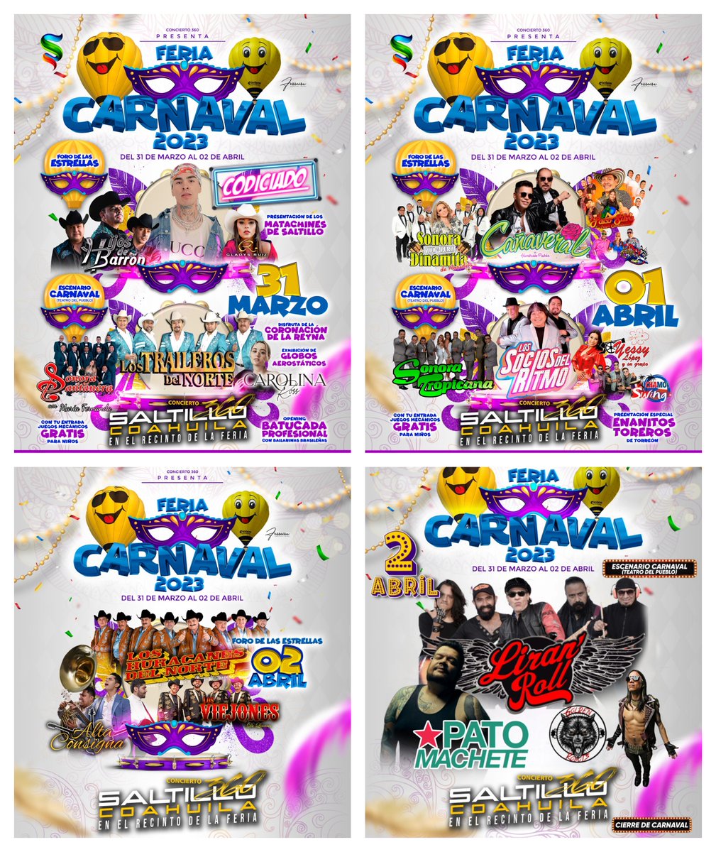 🎡🎭🎉¡La Feria Carnaval #Saltillo 2023 viene con todo!, y con una súper cartelera integrada por:

💠 <a href="/HURACANESDELN/">LOS HURACANES DEL NORTE</a>
💠 <a href="/grupocanaveral/">Grupo Cañaveral</a>
💠 <a href="/SOCIOSDELRITMO1/">LOS SOCIOS DEL RITMO</a>
💠 <a href="/s_santanera/">Sonora Santanera</a> con <a href="/Mariferg6/">María Fernanda Alvo</a>
💠 #Codiciado
💠 #LiranRoll
💠 #AltaConsigna
💠 #HijosDeBarrón
...
dondehayferia.com/feria-carnaval…