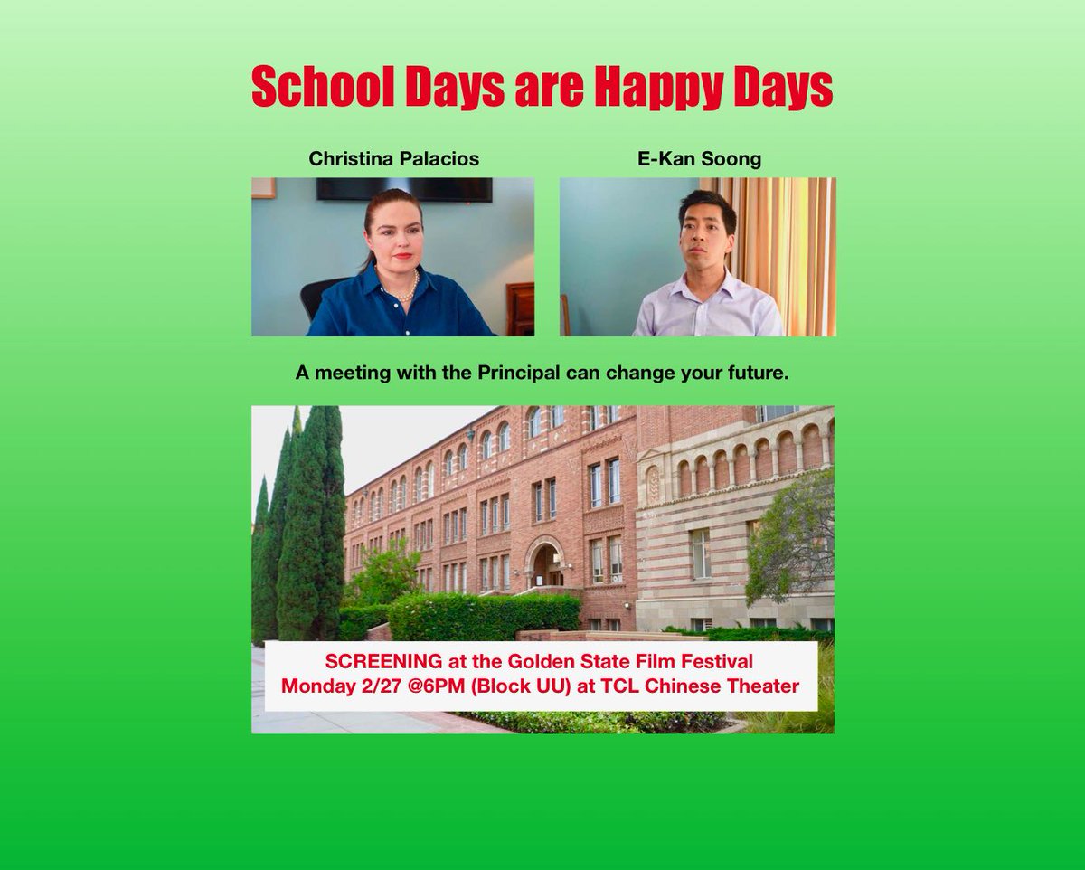 See our film "School Days are Happy Days" <a href="/GoldenStateFF/">Golden State Film Festival</a> Mon. Feb. 27th at 6PM Tickets at: goldenstatefilmfestival.com/tickets @CEdland1 <a href="/EkanSoong/">E-Kan Soong</a> <a href="/itsthatloudgirl/">Christy Rusk</a> #filmmaker #director #filmfestival #filmfestivals #indiefilm #wemakemovies @wemakemovies #gosquirrely #goldenstatefilmfestival