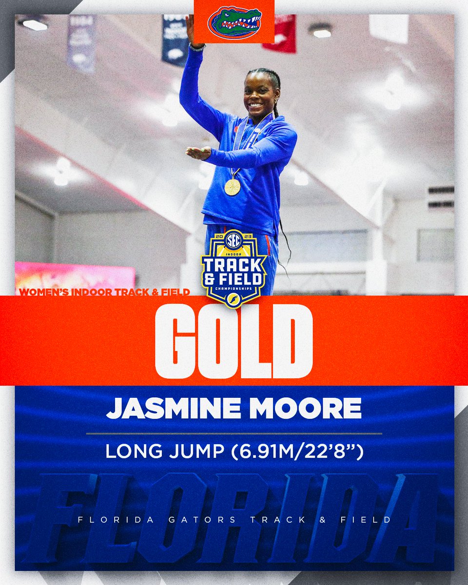 GatorsTF's tweet photo. JASMINE MOORE (6.91m/22'8")🚨🚨🚨

🔶SEC Indoor Long Jump Champion
🔷 New personal best
🔶 Extends her school record
🔷Top mark in the NCAA this year
🔶 2nd best mark in the 🌎 this year
🔷2nd best mark in NCAA history

#GoGators 🐊 https://t.co/KcjNnz200s