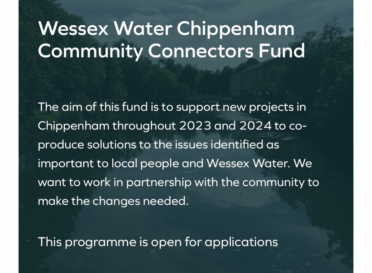 Great opportunity for community groups in #Chippenham to apply for a grant from the new <a href="/wessexwater/">Wessex Water</a> Chippenham Connectors Fund.

wiltshirecf.org.uk/grants-and-sup…