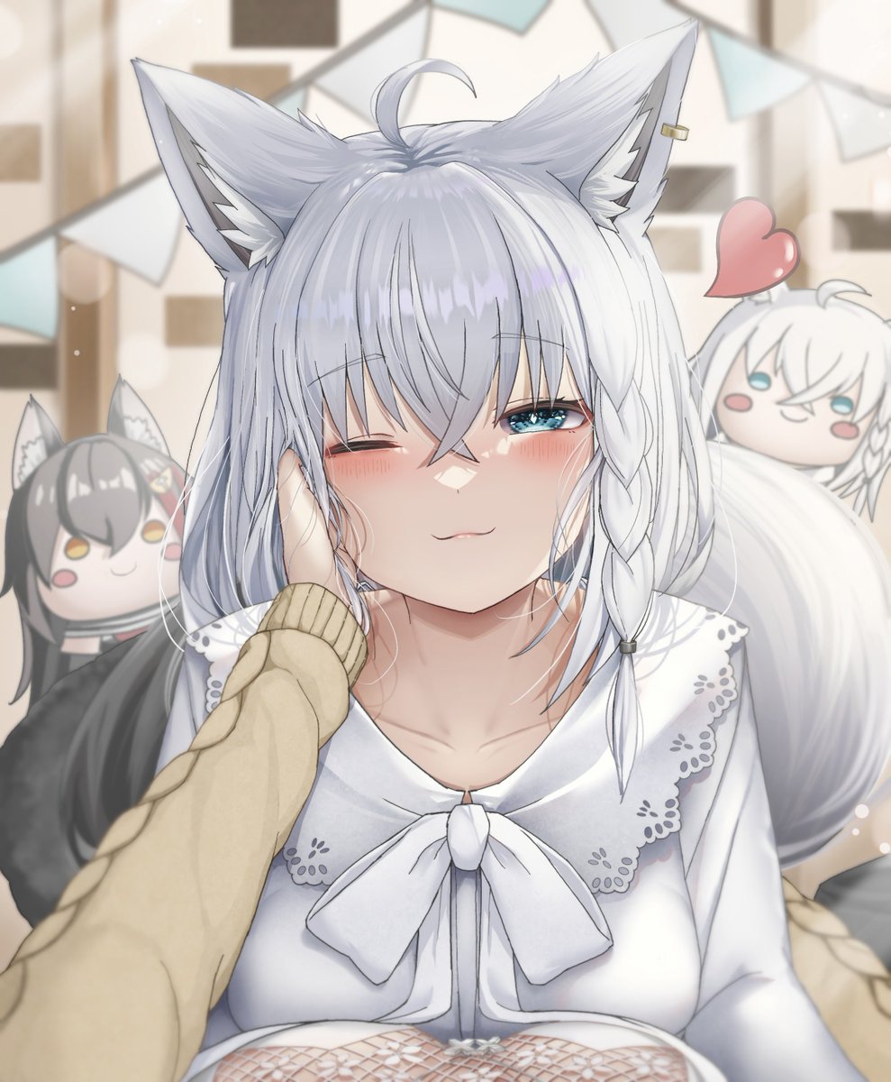 ookami mio ,shirakami fubuki animal ears one eye closed fox ears blush fox girl looking at viewer hair between eyes  illustration images