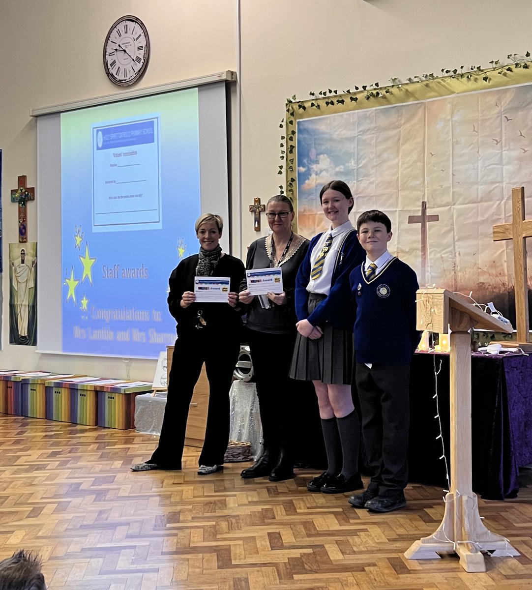 HolySpiritWA9's tweet photo. On Friday in our whole school assembly, we celebrated how we lived out our February value of the month which was ‘Tolerance’. 👏Congratulations to Mrs Sharrock and Mrs Lamble who were nominated as our staff award winners. 😃🕊️#valueofthemonth #soaringtonewheights 🕊️ https://t.co/UkDICqSam1