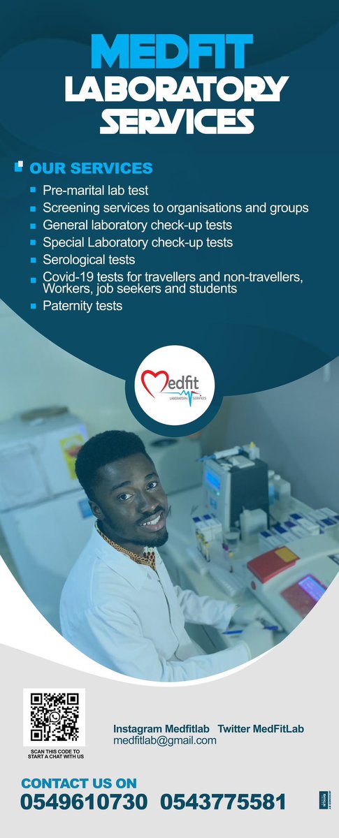 VacanciesGh's tweet image. Medfit laboratory @MedfitL service is an established medical lab service ☎️ call 0543775581. / 0598636009 

feel free to enquire from us also on WhatsApp 0549610730