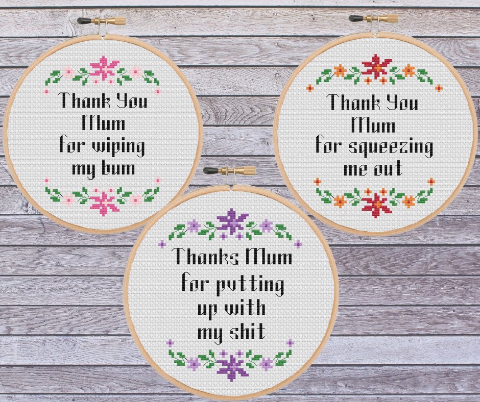 Good morning #EarlyBiz 
Make your mum laugh with one of these cross stitched quotes, perfect for #MothersDay2023 
#MHHSBD #shopsmallbiz