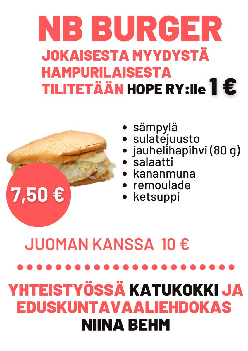 BehmNiina's tweet photo. Grilli Katukokki (Valtionkatu 15, Seinäjoki) ja eduskuntavaaliehdokas Niina Behm (sd) ovat päättäneet yhteistyössä lanseerata NB Burgerin. Jokaisesta myydystä NB Burgerista lahjoitetaan 1€ Hope ry Seinäjoelle. Kampanja on voimassa 17.2 - 30.4.2023. https://t.co/CPRn07GgmO