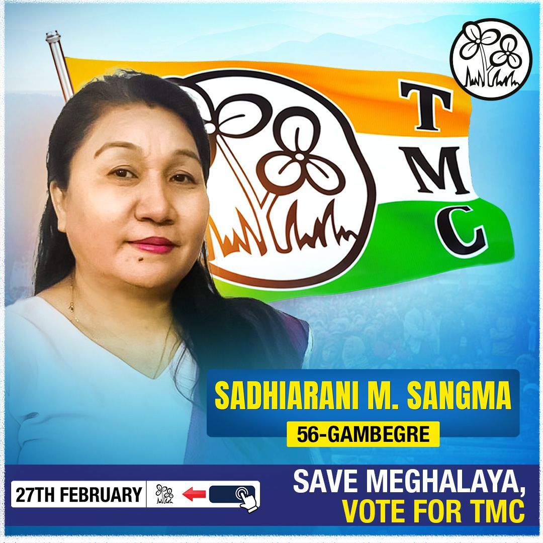 AITC4Meghalaya's tweet photo. Gambegre Candidate @sadhiaaitc will ensure development and progress.

For a transformational change- 

✅Vote for the twin flowers 
🗓27th February 2023

#VoteForTMC https://t.co/a1Q7ndabGj