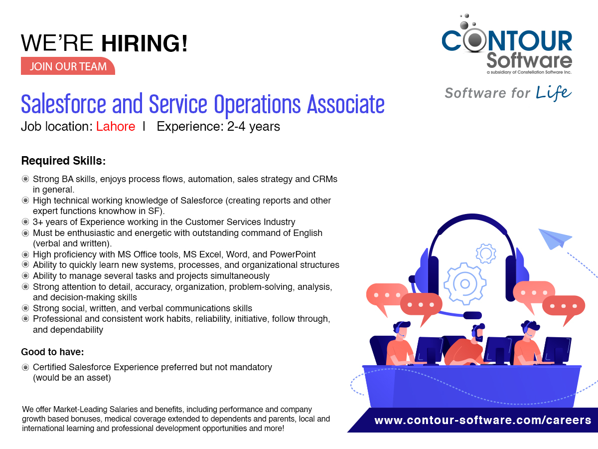 ContourSoftware's tweet photo. We are seeking a Salesforce and Service Operations Associate for Contour Lahore.
If you want to be part of our Team, apply for our open position at https://t.co/SZ4ZznpL5Z
#ContourSoftware #SoftwareForLife #Hiring #ContourIsGrowing #JoinTheTeam https://t.co/bNTYOCYxcL