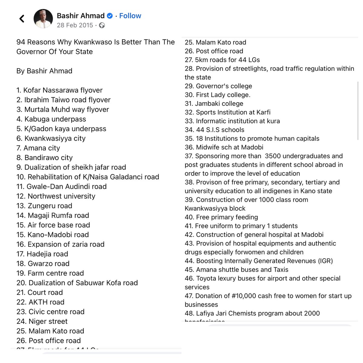 northern_blog's tweet photo. 94 reasons why kwankwaso is better than your candidate by Bashir Ahmad 

Excluding the numerous national and international scholarships he gave to the children of the state

Who among your candidates can brag about that?
Are you supporting them because of your pocket or country? https://t.co/P4wZ5ZPAp7