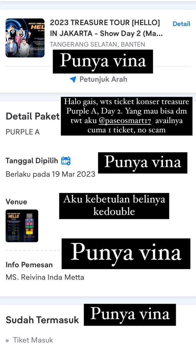 PaseoSmart17's tweet photo. WTS TICKET KONSER HELLO TOUR IN KLT TREASURE SEC PURPLE A, DAY 2, bisa dm tanya-tanya, nego, prove, dll… #wts #tiketkonset #treasure #TREASURE_HELLOinJKT #kpop https://t.co/cqMnRmIago