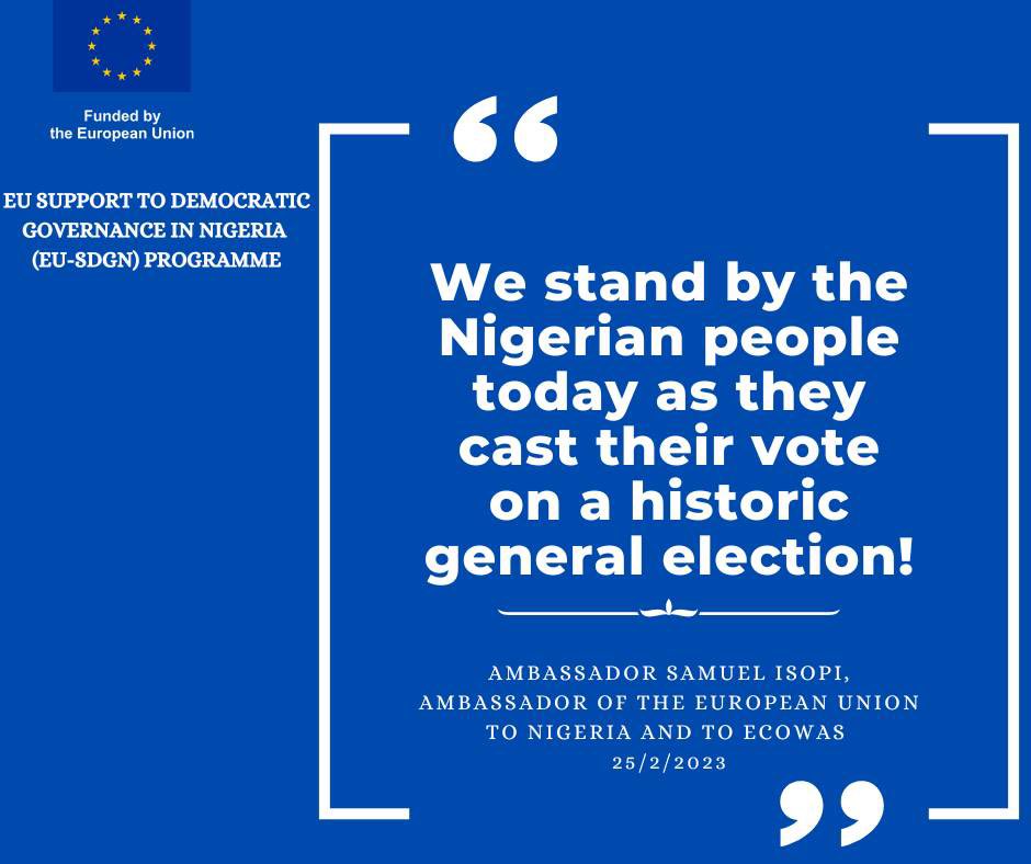 "#NigeriaDecides2023. We stand by the Nigerian people today as they cast their vote on a historic general election!"~ Ambassador Samuela Isopi @SamuelaIsopiEU 

#EUinNigeria
#2023Election
#NigeriaDecides2023
#rEU4Democracy
#EU4DemocracyNG
#NigeriaElections2023