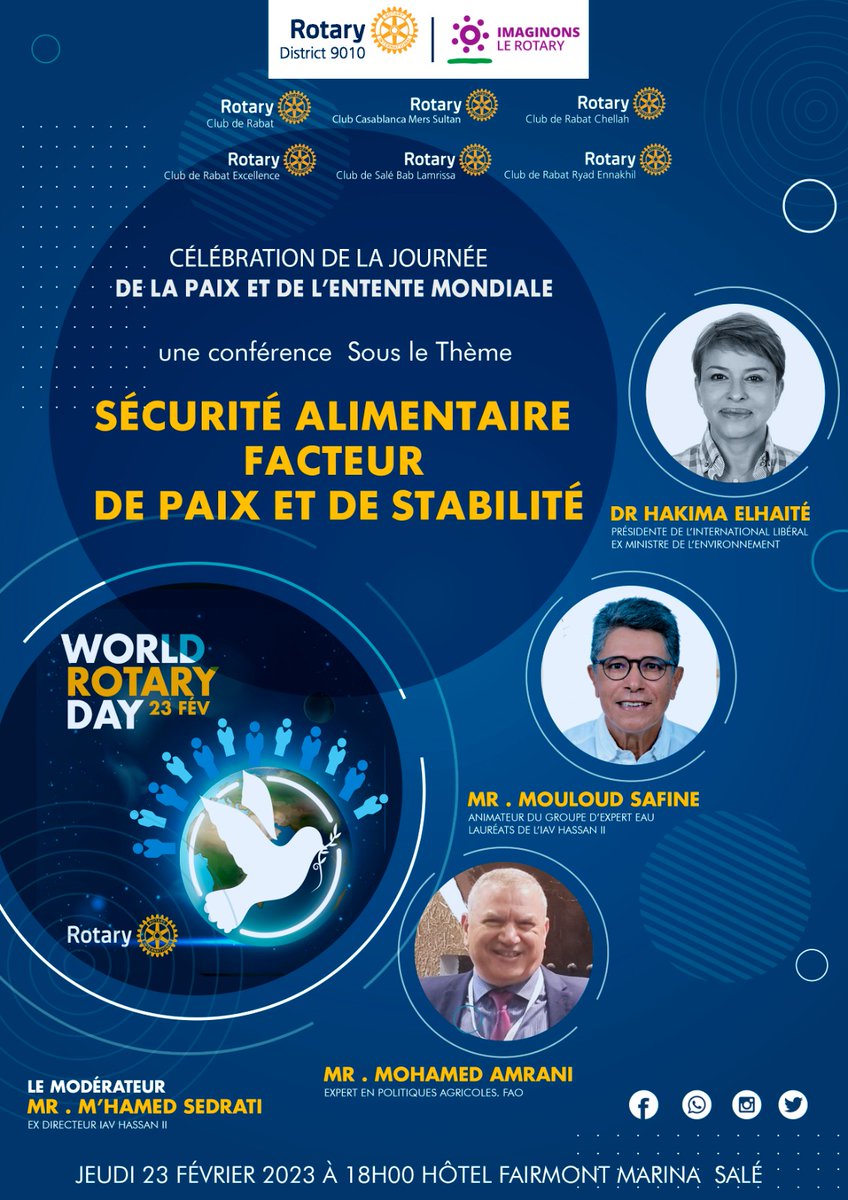RotaryMaroc's tweet photo. Jeudi 23 fevrier Célébration du Rotary Day avec les 4 clubs de Rabat et Salé et le RC Casablanca Mers sultan en présence de la délégation de rotariens italiens de Sicile et de Sardaigne.
118 ans cela se fête en toute amitié
#imagineRotary #district2110 #district2080 #dostrict9010 https://t.co/hQY59kNLBD