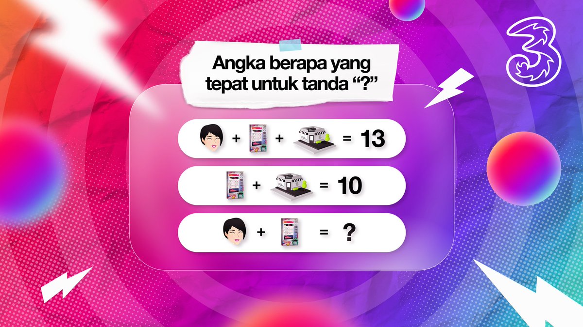 3CareIndonesia's tweet photo. ✨Sabtu seru bersama #3viaTime Gaes ✨
Coba hitung dan temukan jawabanya gaes!

Caranya:
1. Follow akun Twitter @3CareIndonesia
2. RT &amp; Like postingan ini
3. Komen sebanyak2nya 

#3CareSelaluAda
#3CareForYou  #3CareIndonesia https://t.co/ClE13DBLRx