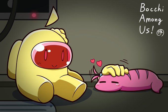 #ぼっち・ざ・ろっく
#amongusart 
懲りずにぼざろのアモアスパロ絵を描きました。
虹夏ちゃんクルーとペットのぼっちツチノコです 