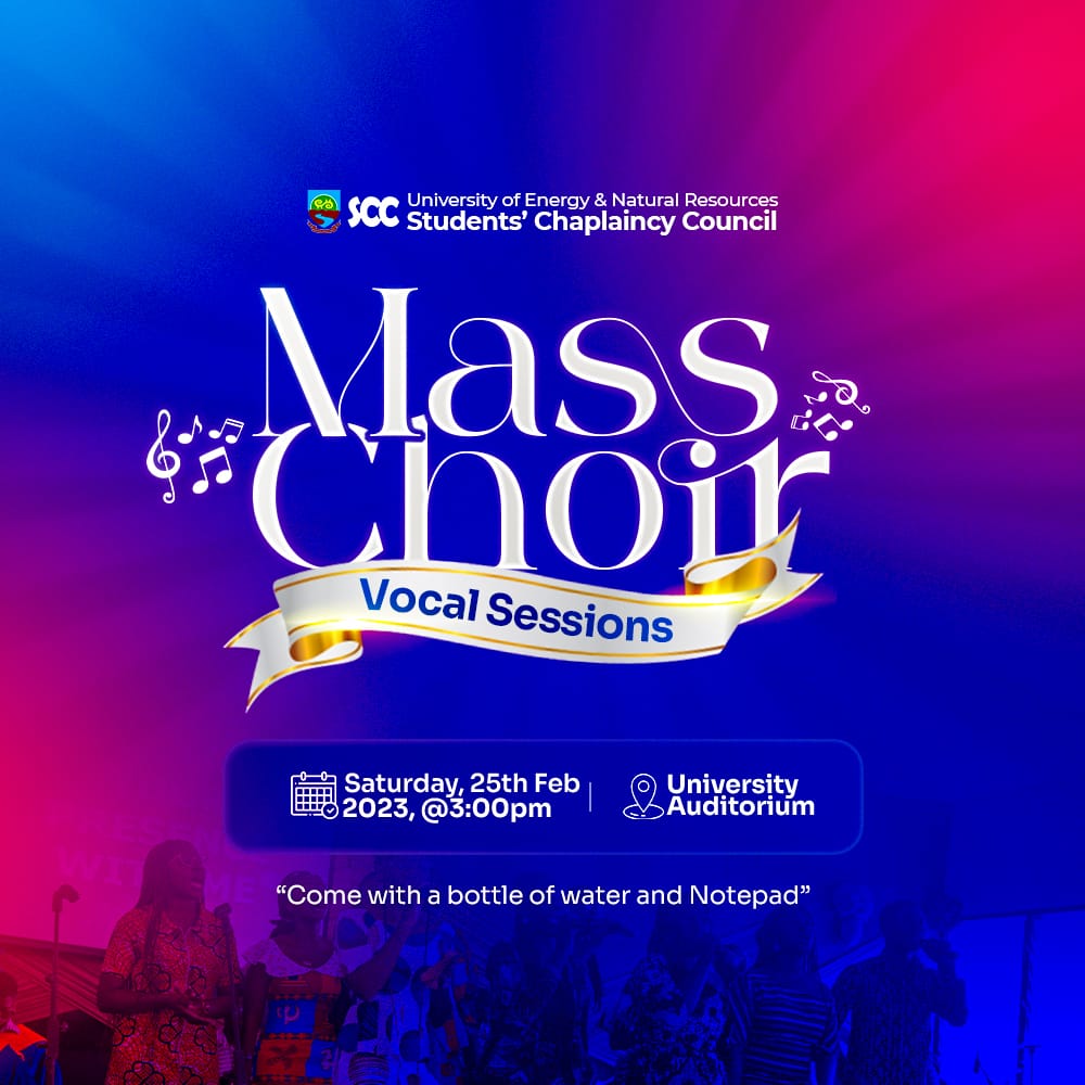 scc_uenr's tweet photo. Good day family 💫
The much awaited moment comes off today at exactly 3pm🥳🥳
Venue is *University Auditorium*
Don't miss our Vocal Sessions for anything‼️🔥
#SpringsofJoy
#UenrMassChoir
#uenr https://t.co/5qzWIcCQ70