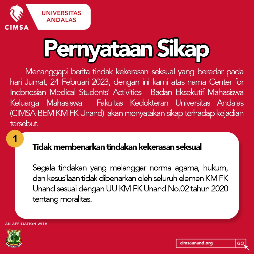 cimsaunand's tweet photo. [PERNYATAAN SIKAP CIMSA-BEM KM FK UNAND]

Menanggapi berita yang tersebar hari Jum'at, 24 Februari 2023, kami atas nama CIMSA-BEM KM FK Unand mengeluarkan pernyataan sikap menentang  dan menolak keras segala bentuk kekerasan seksual. https://t.co/oFXJm4NOPU