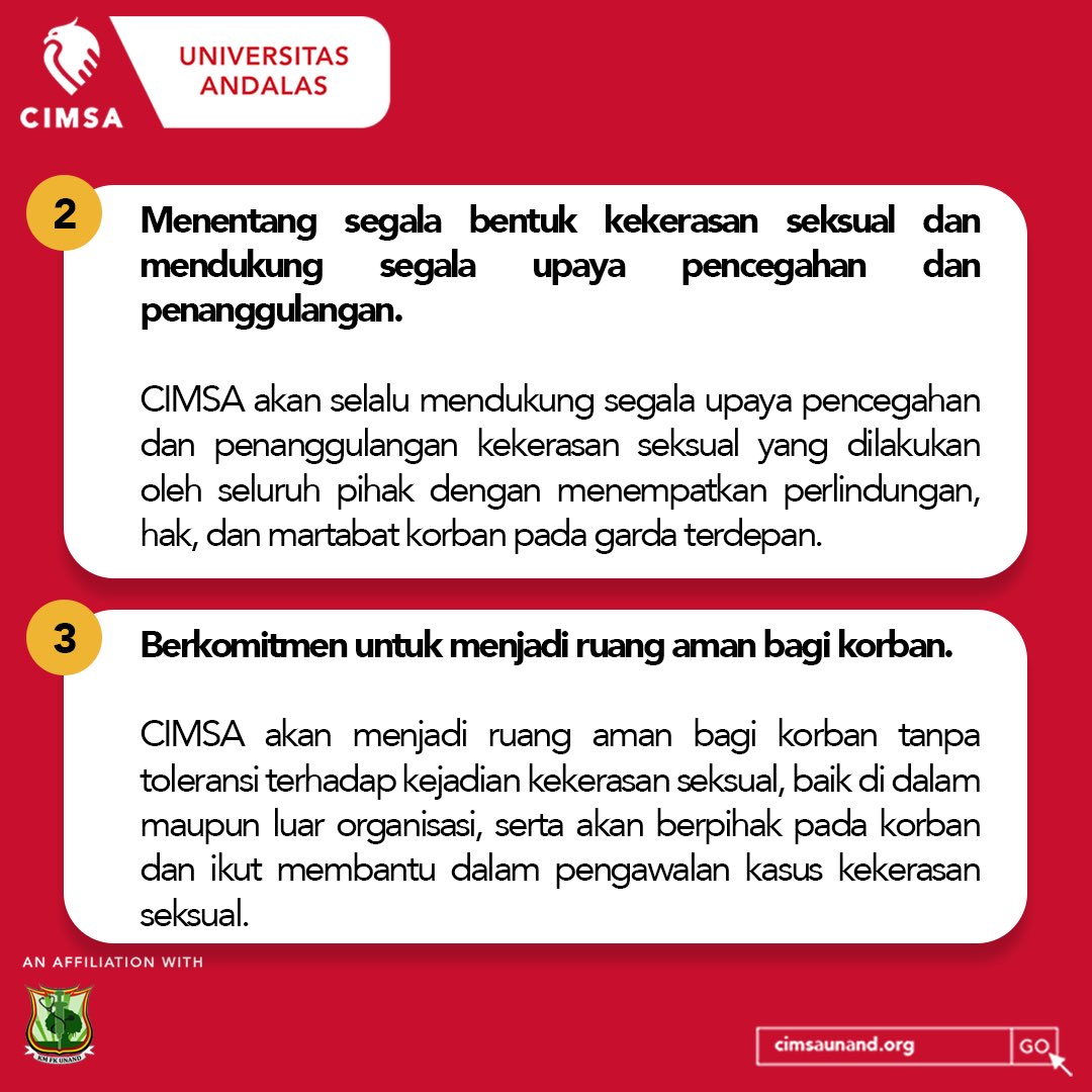 cimsaunand's tweet photo. [PERNYATAAN SIKAP CIMSA-BEM KM FK UNAND]

Menanggapi berita yang tersebar hari Jum'at, 24 Februari 2023, kami atas nama CIMSA-BEM KM FK Unand mengeluarkan pernyataan sikap menentang  dan menolak keras segala bentuk kekerasan seksual. https://t.co/oFXJm4NOPU