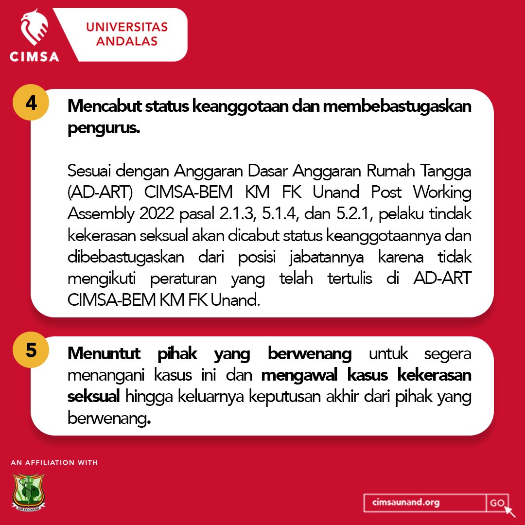 cimsaunand's tweet photo. [PERNYATAAN SIKAP CIMSA-BEM KM FK UNAND]

Menanggapi berita yang tersebar hari Jum'at, 24 Februari 2023, kami atas nama CIMSA-BEM KM FK Unand mengeluarkan pernyataan sikap menentang  dan menolak keras segala bentuk kekerasan seksual. https://t.co/oFXJm4NOPU