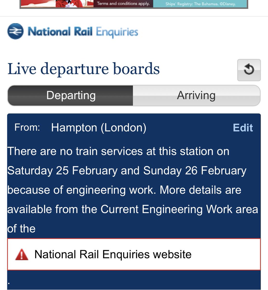 KatyAdalar's tweet photo. @SW_Help please could you confirm if trains are running from Hampton today? National Rail Enquiries says not, but journey planners say there are trains running via Richmond https://t.co/cNjeM9qkru