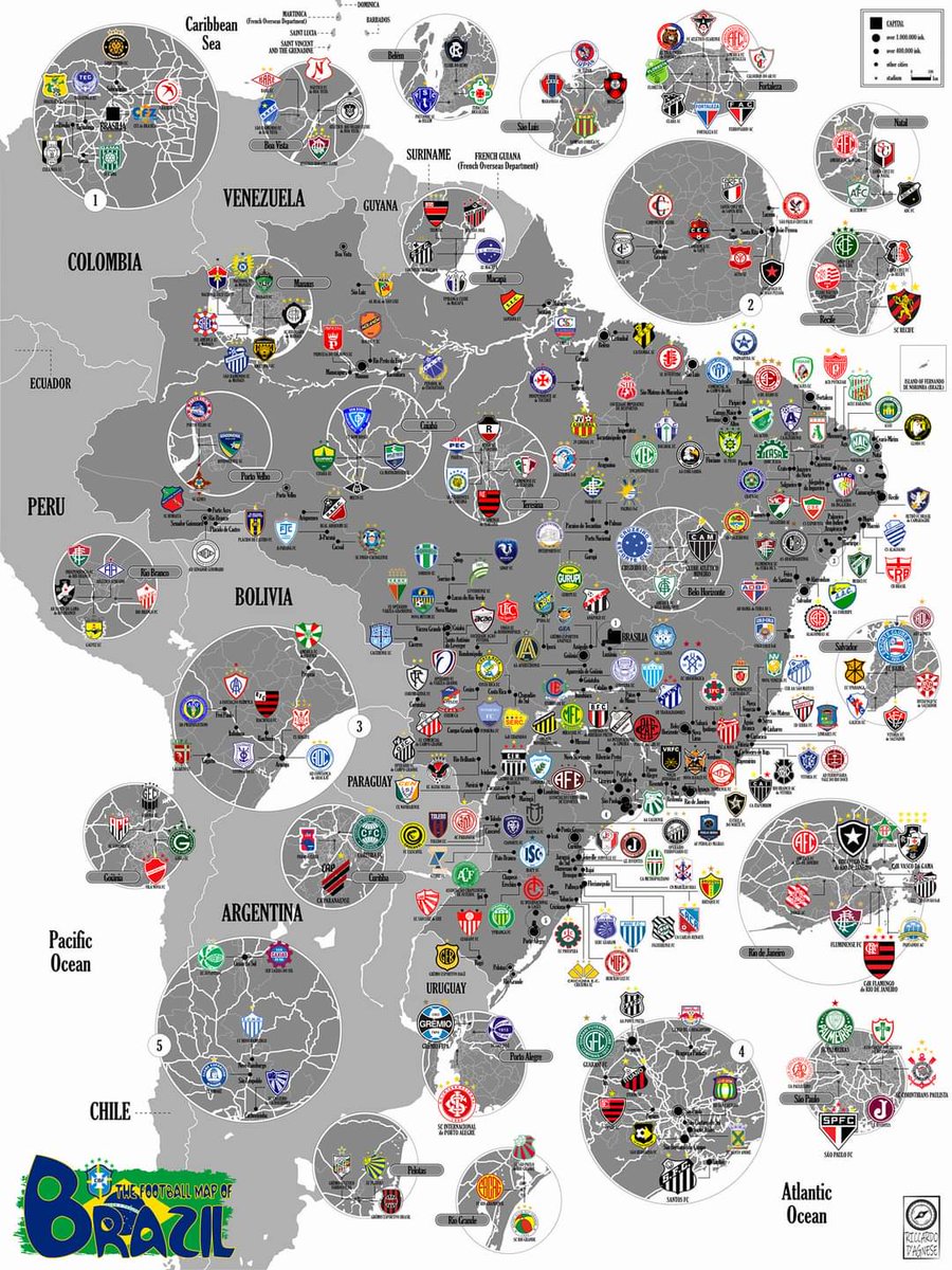 RiccardoDAgnese's tweet photo. 🇧🇷 Mappa della geografia calcistica del Brasile realizzata da me 🇧🇷

Poster here available:
⏩(30x40 cm):https://t.co/92tILwhAAH
⏩(50x70 cm):https://t.co/FhogydSssG

The map shows the clubs from Série A up the 5th league, with the most successful clubs of each of the 27 States. https://t.co/cj5LH4zFgI