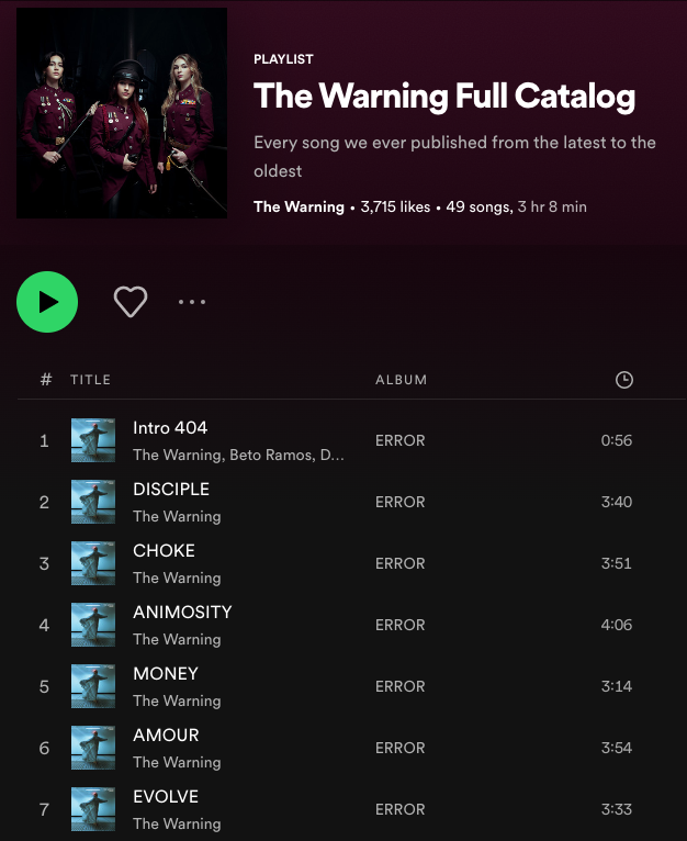 TheWarningAust's tweet photo. Listen to The Warning's full catalogue of music on @Spotify! π§
Share with friends and new listeners!
π https://t.co/DH9eoQASYp π
#TW3 #Spotify #TheWarning #TheWarningBand #TheWarningDisciple #TheWarnngAnimosity #thewarningrockband #rockband #SpotifyPlaylist #Music https://t.co/Q2r5BHvIJp