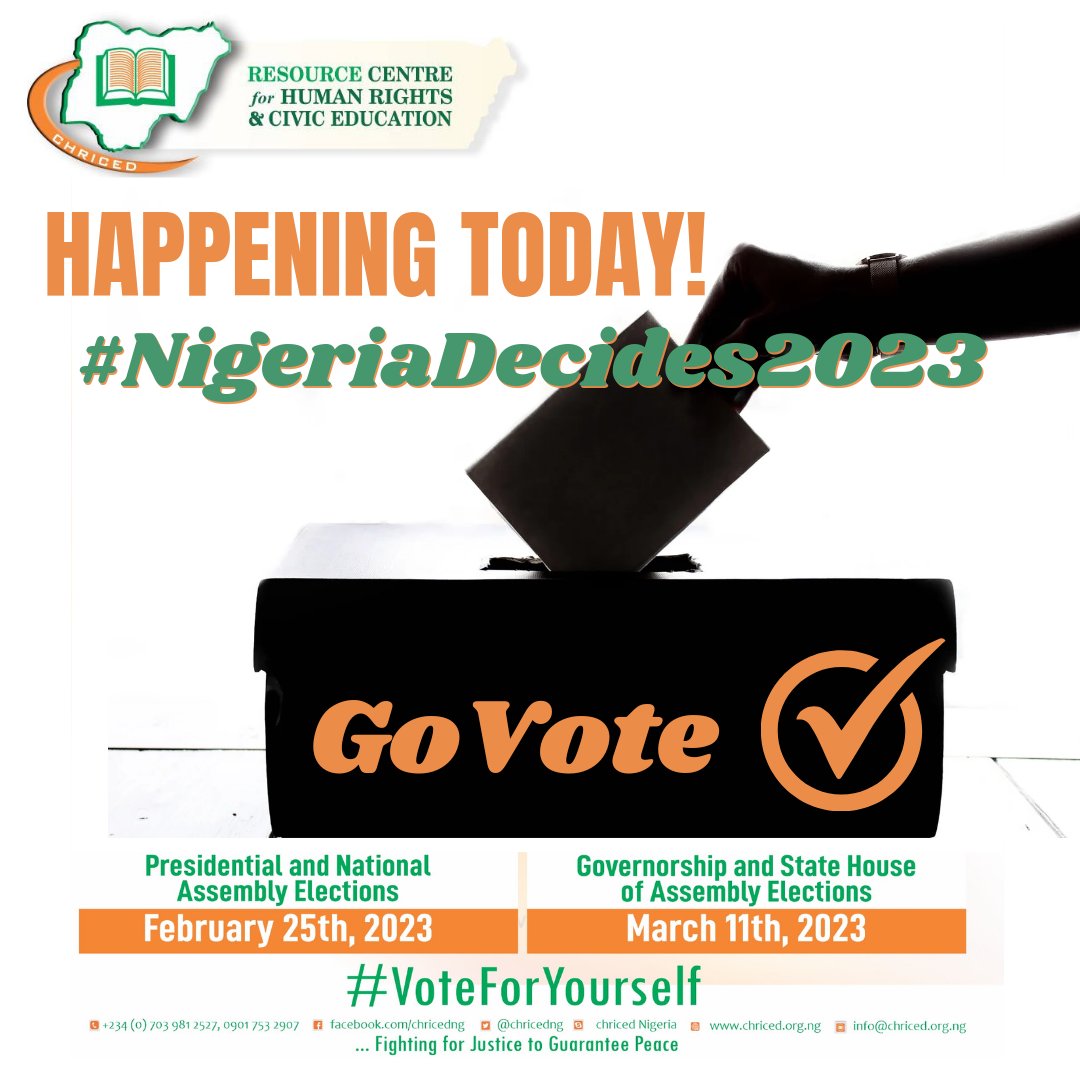 chricedng's tweet photo. 📢📢📢Today is #ElectionDay!
As you go to the polls, remember that the future of #Nigeria depends on the choice of leadership you make.🤔🤔🤔
#NigeriaDecides2023
#UseYourPVC #VoteWisely
#VoteResponsibly #VoteForYourself
#StaySafe https://t.co/fwhMwKfkD8