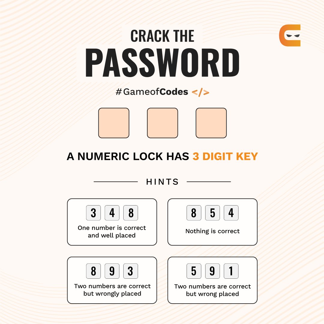 CodingNinjasOff's tweet image. 🔑 These 🔑 hints 🔑 should 🔑 be 🔑 enough 🔑 for 🔑 you 🔑 to 🔑 crack 🔑 this 🔑 password 🔑

#codingninjas #gameofcodes #password #crackthecode #codingpuzzle