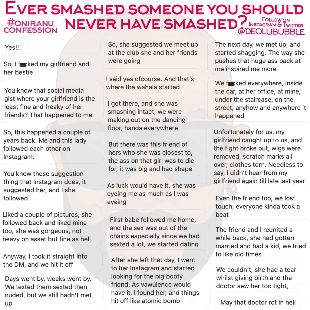 Ryx_8k's tweet photo. Crazy confessions of people talking about people they should have never smashed. 
Ever smashed someone you should never have smashed? https://t.co/83SLmIP7LA