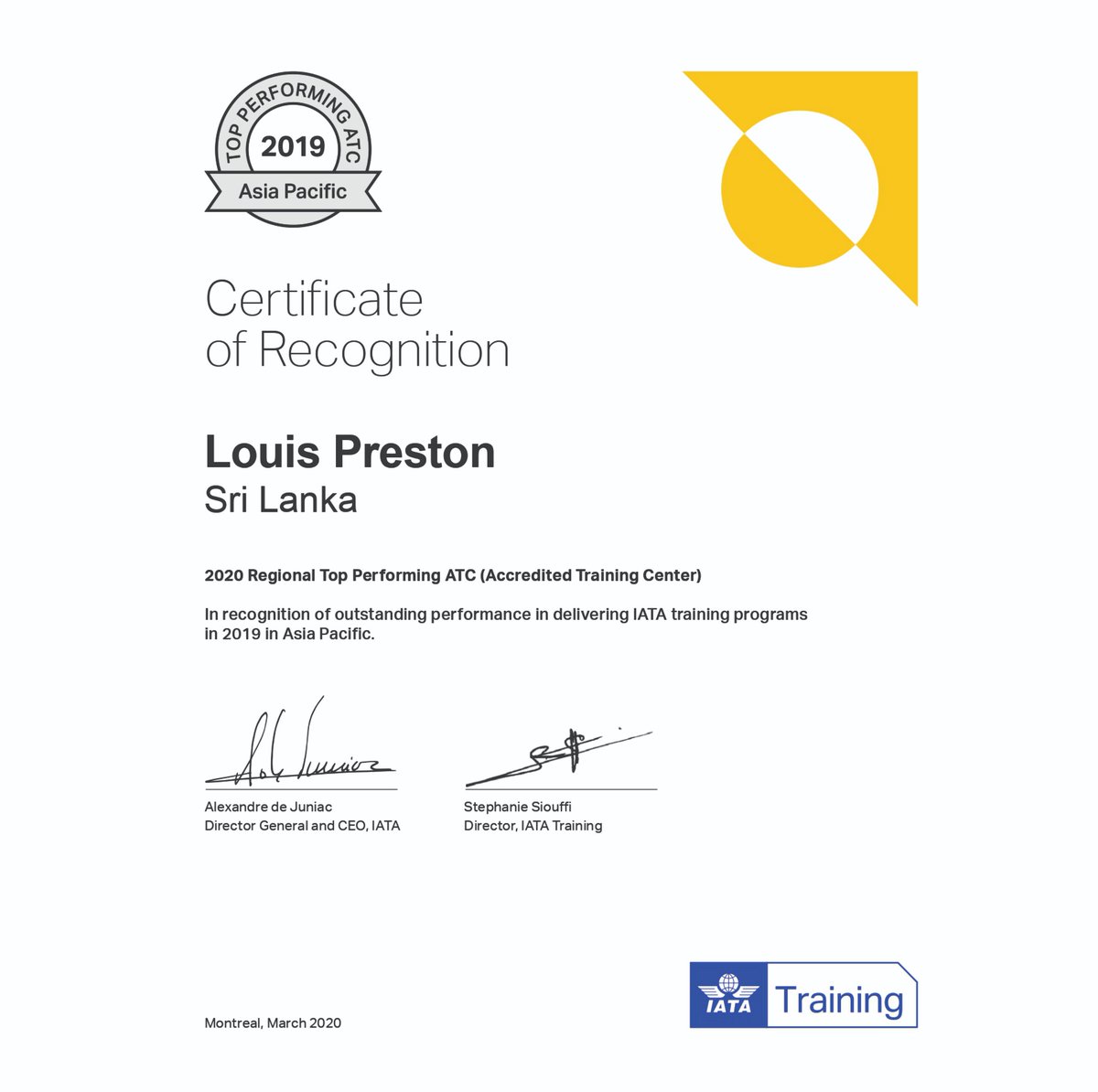 LOUIS_PRESTON's tweet photo. @LOUIS_PRESTON  became the Regional Top Performing ATC (Accredited Training Center) in Asia Pacific 2020 yet again for our outstanding performance for delivering IATA Programs by International Air Transport Association (IATA) @IATA https://t.co/nXODhGZ4Ly