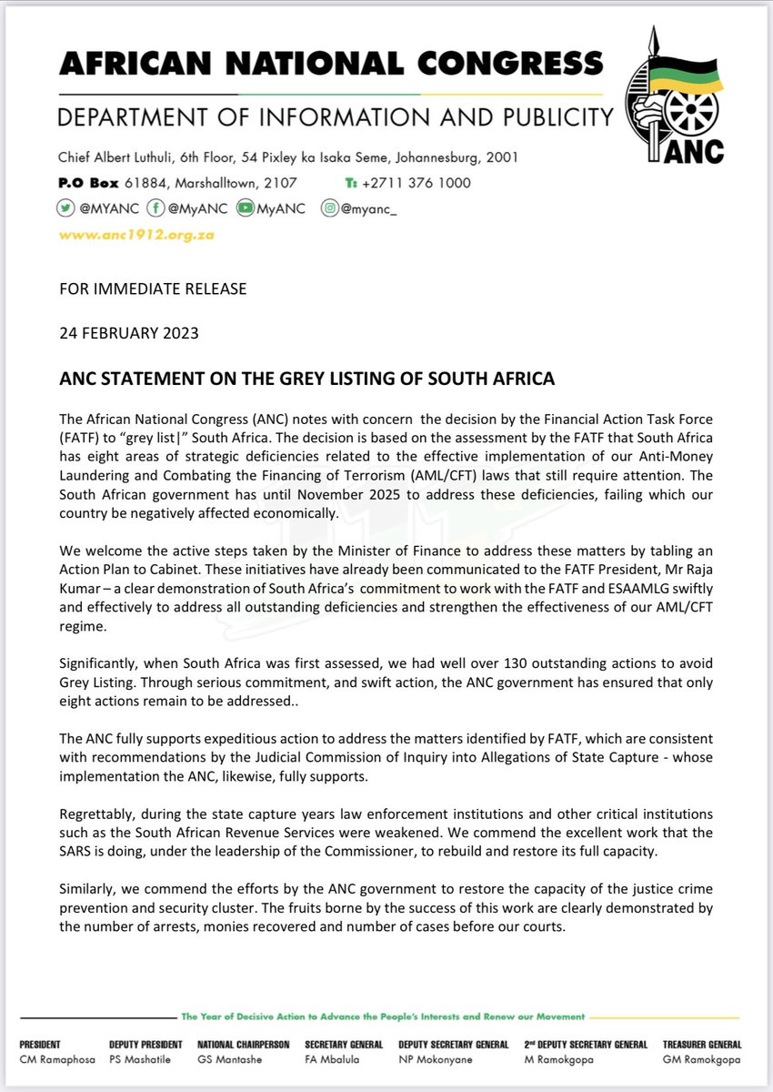 MYANC's tweet image. @MYANC statement on the Grey listing of South Africa.