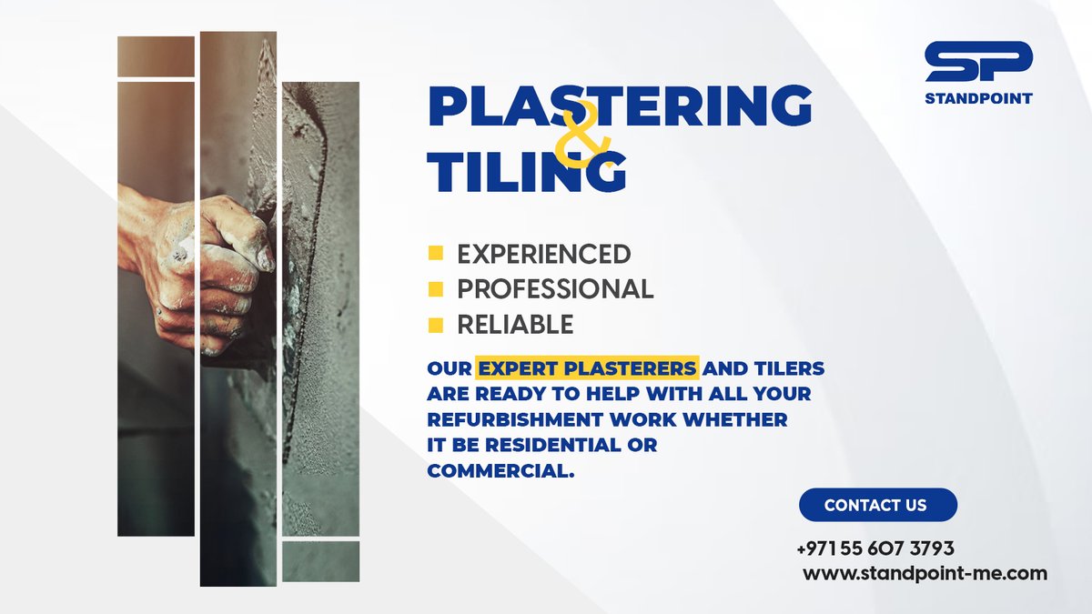 StandpPoint's tweet image. Our expert plasterers and tilers are ready to help with all your refurbishment work whether it be residential or commercial.
Call us!
☎️ +971 55 607 3793
🌐 standpoint-me.com
#standpoint #maintenance #maintenancecompany  #ElectricalMaintenance #PlumbingWork #CivilWork