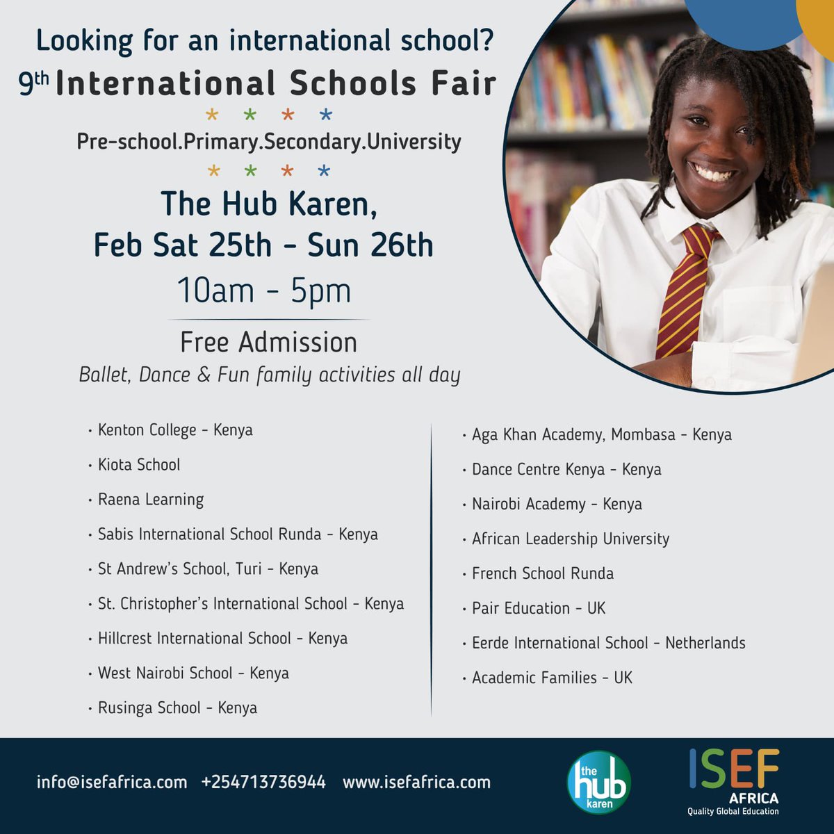 isefafrica's tweet photo. Quality Education is no longer a luxury.
The #InternationalSchools Fair gives you an opportunity to get all your questions answered, get onsite admissions and enquire about scholarships leading international schools.
Meet us at @TheHubKaren this weekend.

#QualityGlobalEducation https://t.co/9EX8vXiy8E