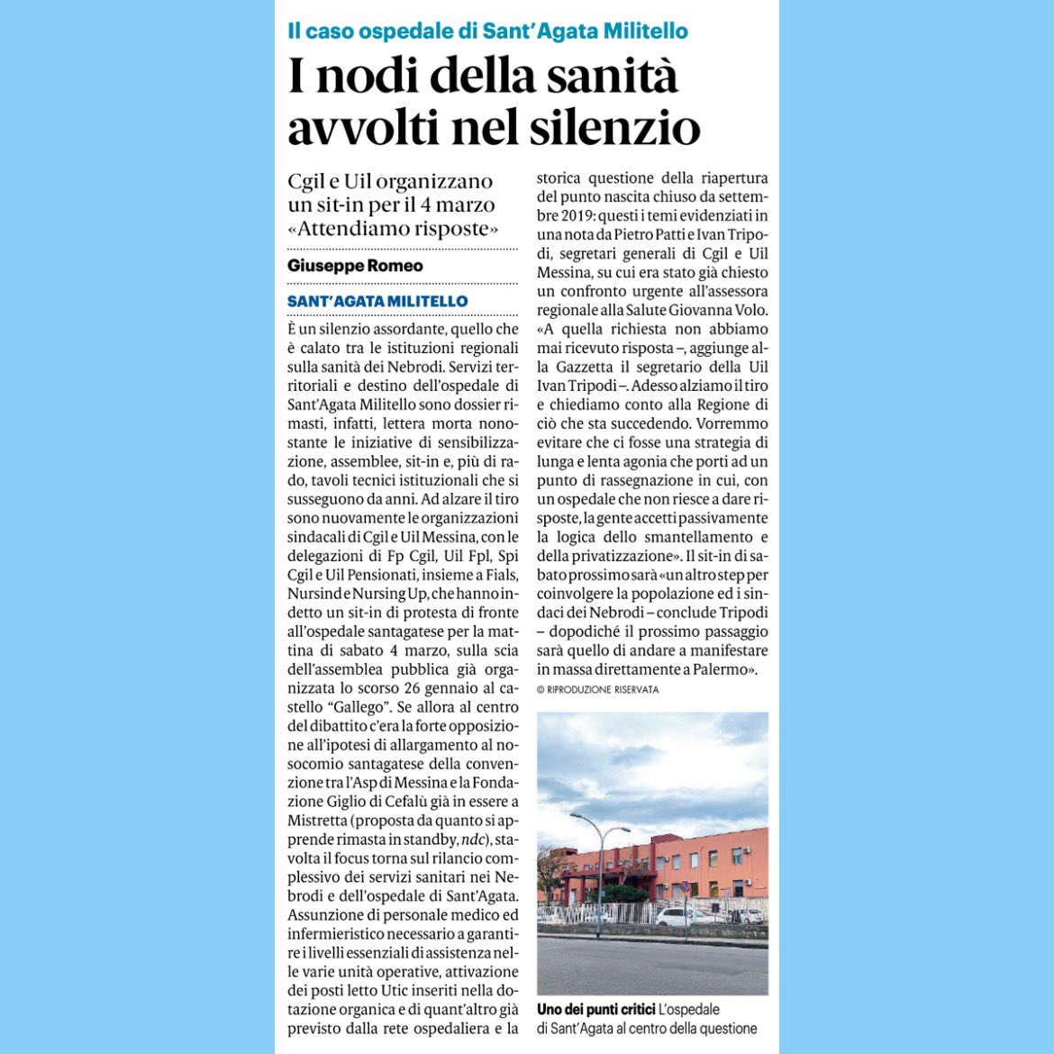 Gazzetta del Sud (25.2.2023)
#uil #messina #sanita #ospedale #santagatadimilitello #dirittoallasalute #terzomillennio