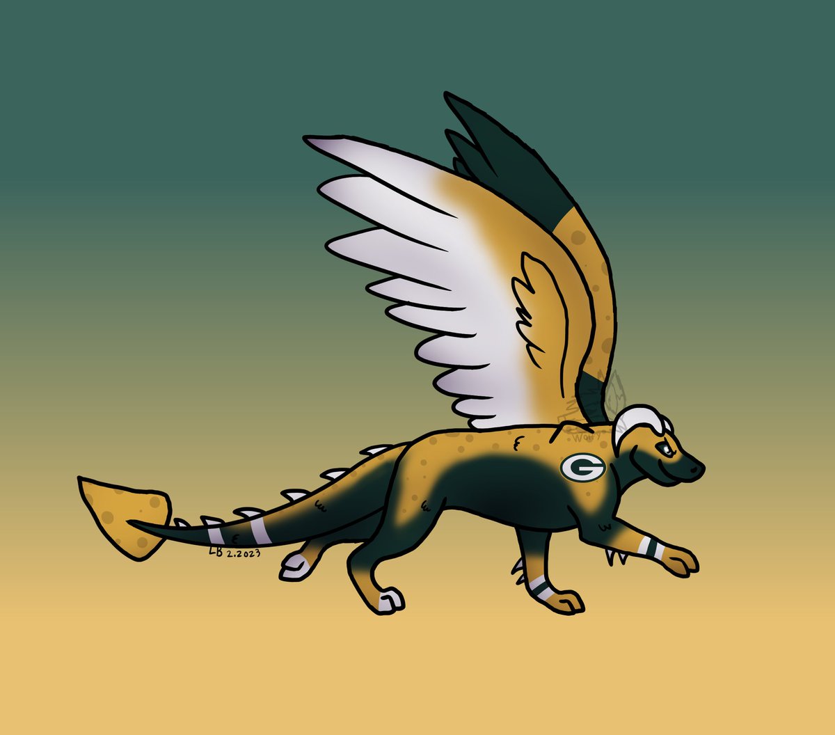 wolfypuppypaws's tweet photo. I had fun with the cheese pattern! 😂

(I’m drawing all NFL teams as dragons!)

 Green Bay: Packers💛💚

Please note I’m making them in the order that it says online. 🥺

#art #drawing #dragon #digitalart #nfl #football #Packers #GreenBay #GoPackGo @packers @NFL https://t.co/1wagJNchBR