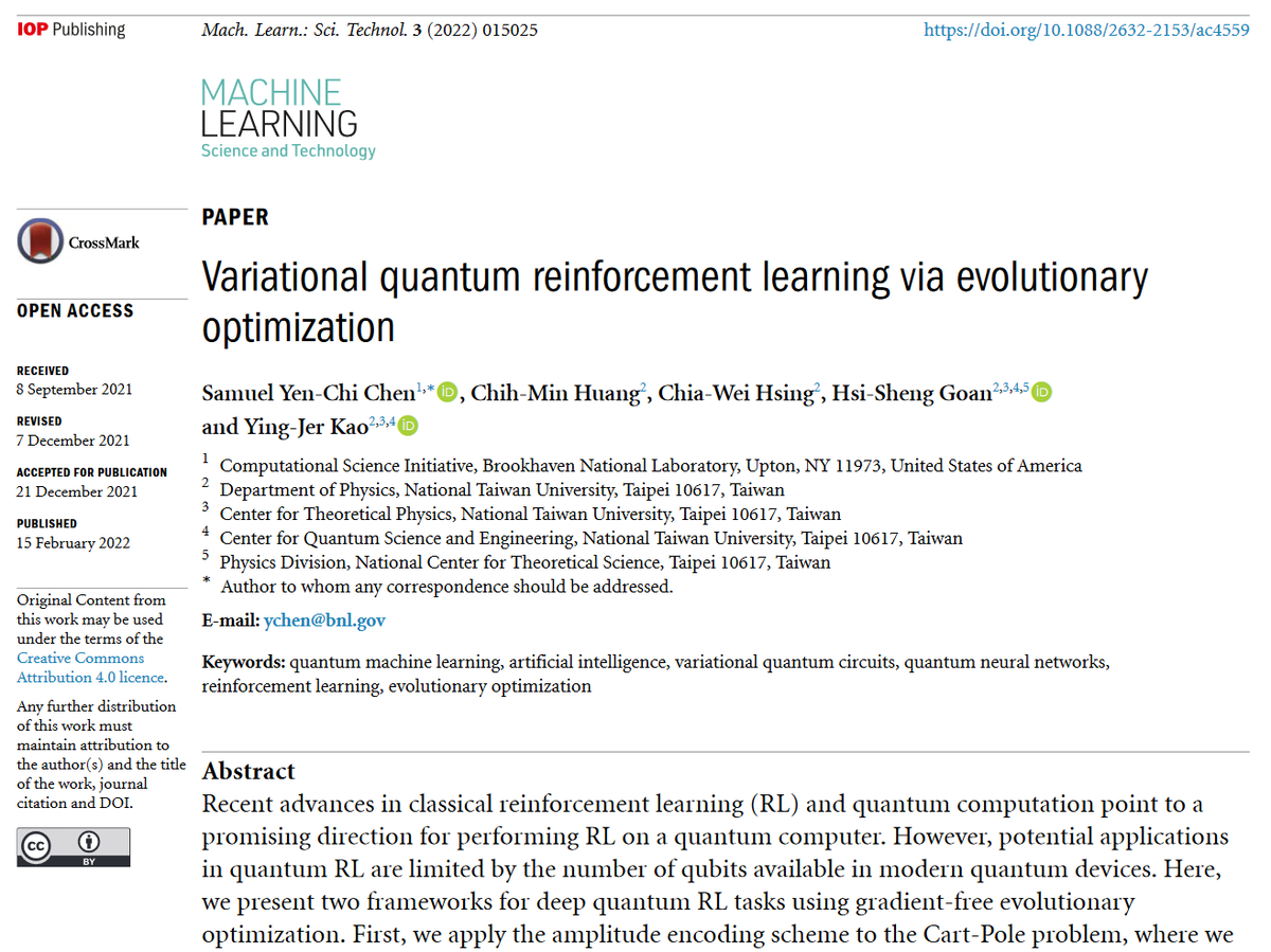 NOW >3K DOWNLOADS! 🥳'Variational #quantum reinforcement learning via evolutionary #optimization' by <a href="/yenchichen1989/">Samuel Yen-Chi Chen</a> <a href="/yjkao/">Ying-Jer Kao</a> et al <a href="/BrookhavenLabCS/">Computing and Data Sciences (CDS)</a> <a href="/BrookhavenLab/">Brookhaven Lab</a> and National Taiwan University- bit.ly/3uNWQFH #machinelearning #quantumcomputing #algorithms #neuralnetworks