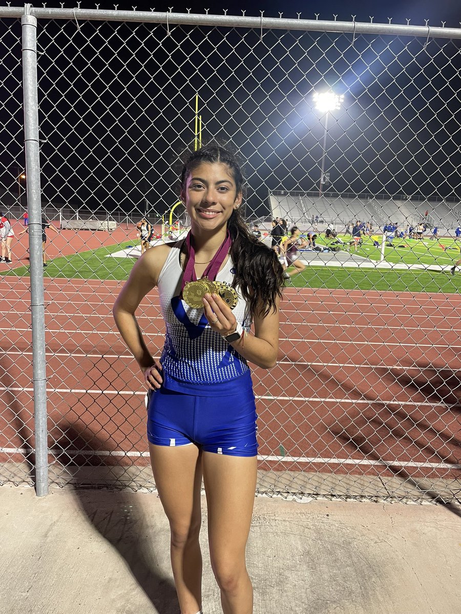 CoachGilpin's tweet photo. Senior Carla Guerrero took it easy at today’s track meet…she only competed in 4 events instead of her normal 5…and yep, she WON GOLD in all 4 events (High Jump, 100, 200, and 800)!!!! Carla is having a great track season…we are really glad she’s with us!!!!!
#blueVlife https://t.co/dnaV356Rvi