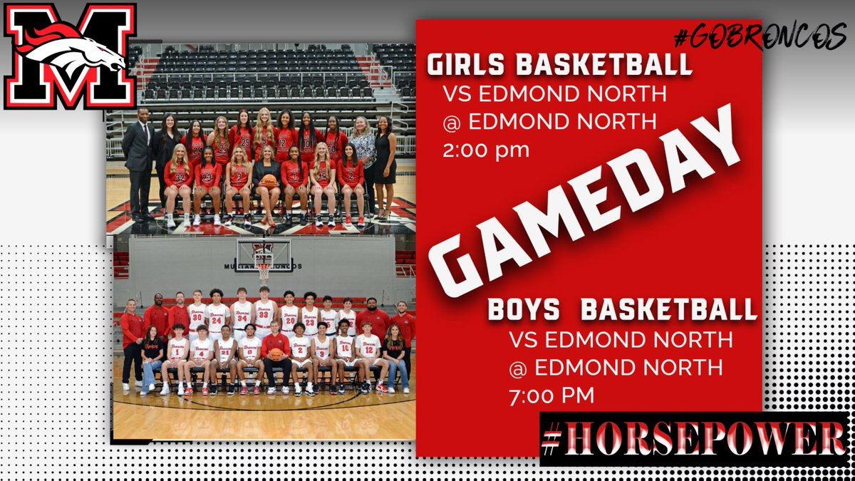 🐴🏀 IT'S PLAYOFF TIME! @MustangWBB & @MustangBBall1 are in the regional finals today! 🆚 Edmond North 🗓️ Today ⏰ Girls 2:00 pm/Boys 7:00 pm 📍Edmond North 📺 mhsbroncosports.tv #GoBroncos #Horsepower @MustangSchools @MHS_Broncos @MHStheStable