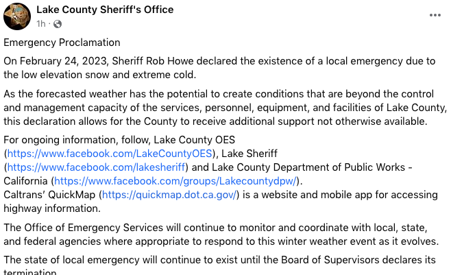 terreal's tweet photo. The Lake County Sheriff has declared a #LocalEmergency due to low elevation snow and extreme cold. #CAwx #LAkeCountyCA https://t.co/dqlm5UFUZI