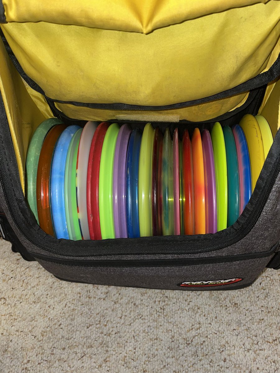 Elbows_12's tweet photo. Trying to decide between ROYGBIV or Putters-Mids-Drivers, then sub alphabetized for my bag layout… thoughts? #discgolfproblems 

cc: @ShankedDG @SBolchen @GreenSplatter @tn2sDG @Chris_B_DG @BearBiteDisc @BogeyObi https://t.co/hRcBRiOyOW