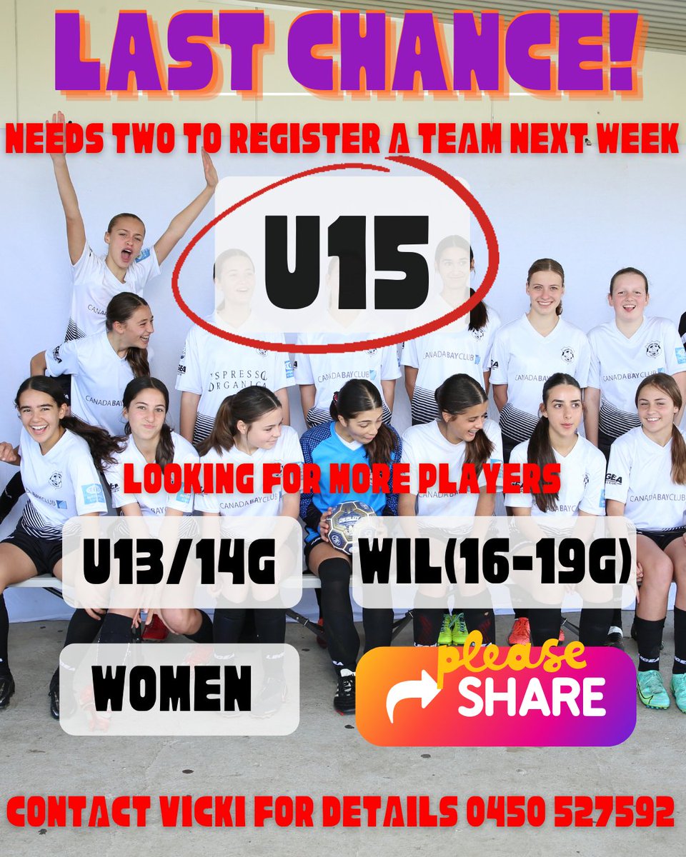 ConcordJSC's tweet photo. One last team looking for players to meet the team registration deadline this week. Any U15 players out there please step forward now. 
A couple of teams still looking for players, but can register their team next week. 
Please contact Vicki 0450 527592 https://t.co/TWsooiowqJ