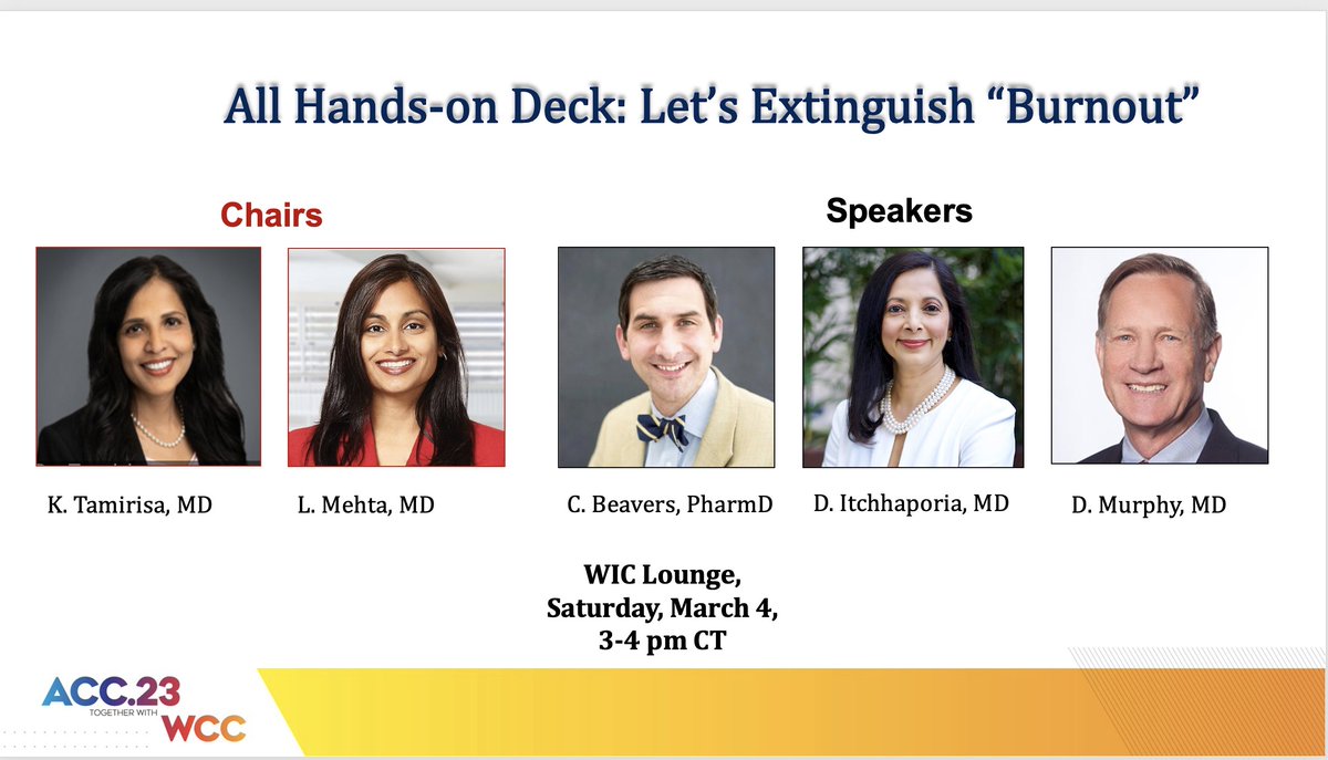 Dr. Laxmi Mehta (@drlaxmimehta) on Twitter photo Join us Saturday, March 4 at 3 pm in #ACCWIC Lounge for #ACC23 #WCCardio session All Hands-on Deck: Let’s Extinguish “Burnout”
Looking forward to co-chairing with <a href="/KTamirisaMD/">Kamala Tamirisa MD</a> and hearing words of wisdom from <a href="/ditchhaporia/">Dipti Itchhaporia, M.D., MACC , FAHA, FESC</a>
Dr. Murphy <a href="/beaverspharmd/">Craig Beavers, PharmD, FACC, FAHA, FCCP, BCCP,CACP</a> <a href="/Andrea_Price317/">Andrea Price, RCIS, CPHQ, AACC</a> <a href="/ACCinTouch/">American College of Cardiology</a> Join us Saturday, March 4 at 3 pm in #ACCWIC Lounge for #ACC23 #WCCardio session All Hands-on Deck: Let’s Extinguish “Burnout”
Looking forward to co-chairing with <a href="/KTamirisaMD/">Kamala Tamirisa MD</a> and hearing words of wisdom from <a href="/ditchhaporia/">Dipti Itchhaporia, M.D., MACC , FAHA, FESC</a>
Dr. Murphy <a href="/beaverspharmd/">Craig Beavers, PharmD, FACC, FAHA, FCCP, BCCP,CACP</a> <a href="/Andrea_Price317/">Andrea Price, RCIS, CPHQ, AACC</a> <a href="/ACCinTouch/">American College of Cardiology</a>