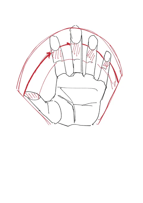 手は扇。親指の腹は他の指の先に届いていないことを意識するとそれっぽく描けるようになる。 