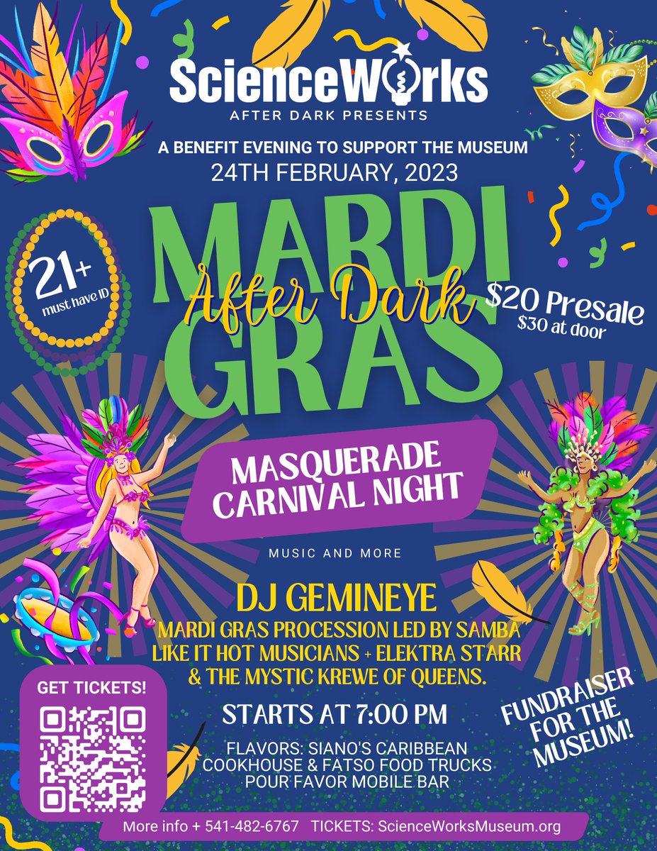 Science_Works's tweet image. The Mardi Gras Celebration right before some guests have shown up, Bar with Drinks, the Night Market come shop, and Fun Again Games is here in the of DICE. OPEN for 21+ folks, until 10pm Tickets $30 at the door. 1500 E Main Ashland.