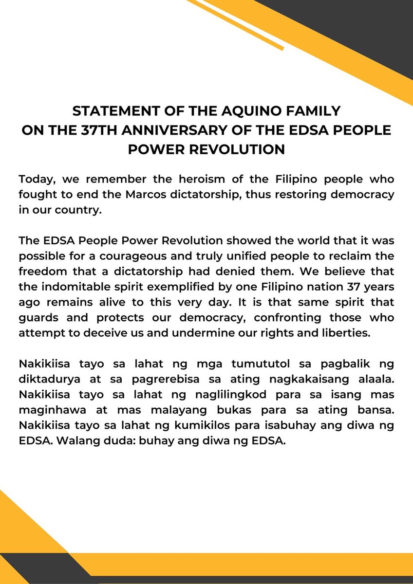 SaltAndReality's tweet photo. Mensahe mula sa Aquino Family para sa pag gunita ng Ika-37 Anibersaryo ng EDSA  People Power Revolution. https://t.co/BpVIw8ejvA