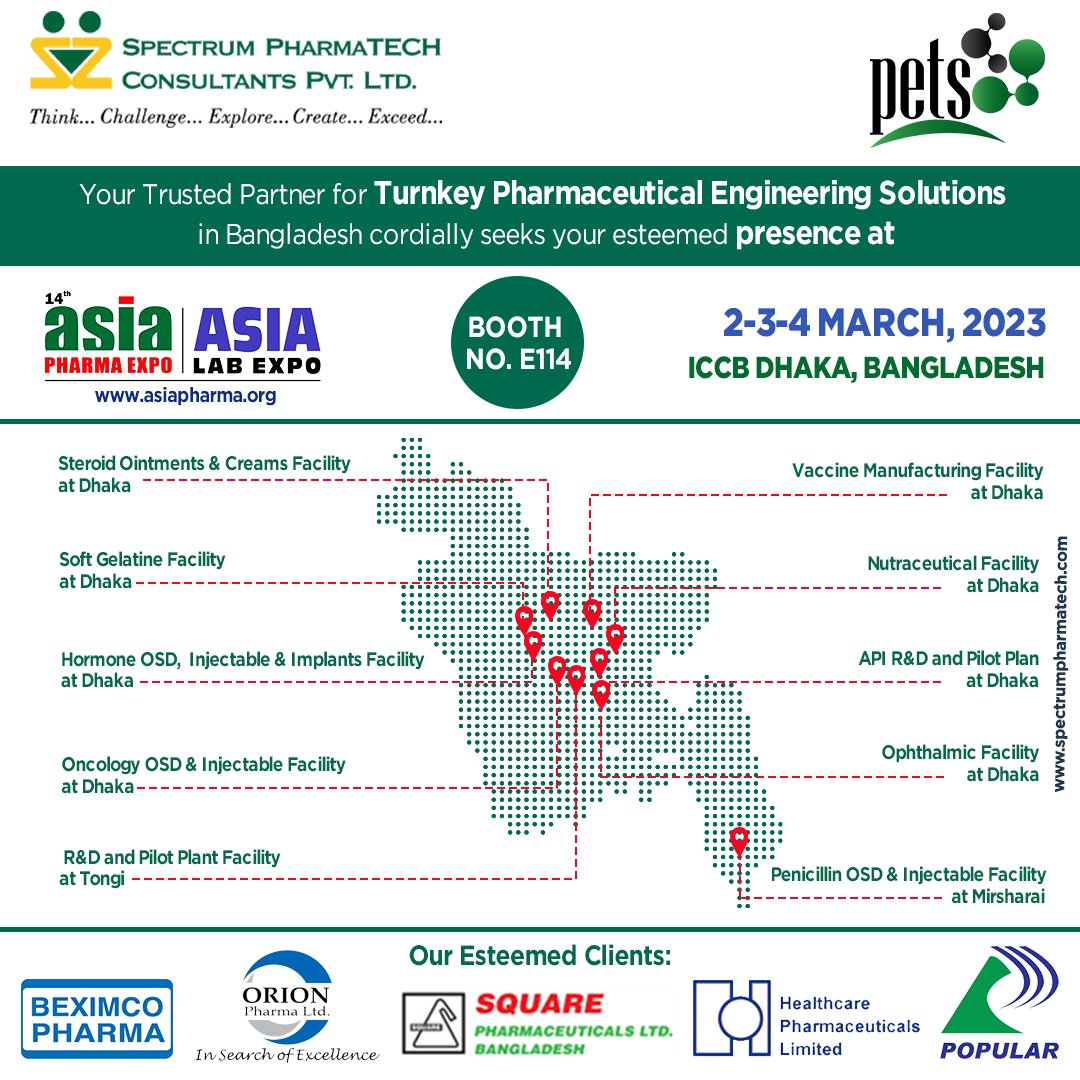 spectrumpharma's tweet photo. Come and discover the latest in pharmaceutical engineering solutions at the Asia Pharma Expo 2023 in Dhaka, Bangladesh. We look forward to seeing you there!

Booth No. E114 | 2nd / 3rd &amp; 4th March 2023.

@p_asiapharma

#design #architecture #engineering #consultants #pharma https://t.co/hFjMK3WHlj