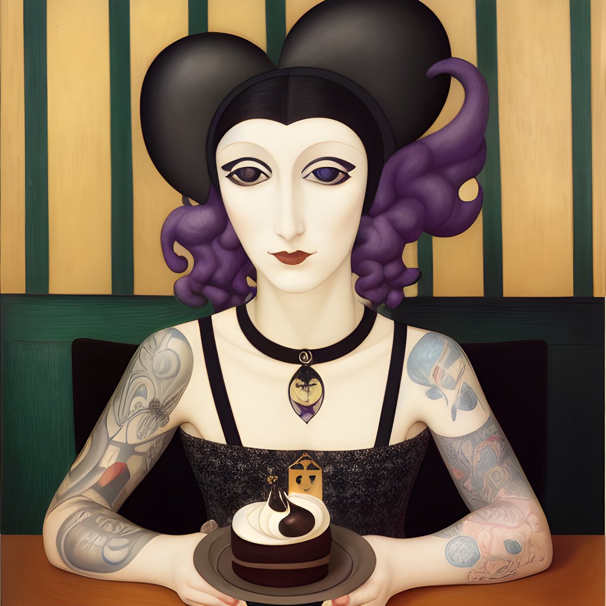 hildiebird's tweet photo. “Gorging on chocolate” series.  Cake, pastries, macarons, all gluten-free.  Do you prefer the photographic or painterly versions?  #aiart created using @get_starryai #synthography #cafelife #desserteater #chocolate #notcountingcalories https://t.co/PYhZoTplU4