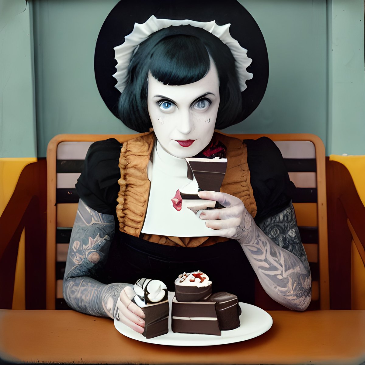 hildiebird's tweet photo. “Gorging on chocolate” series.  Cake, pastries, macarons, all gluten-free.  Do you prefer the photographic or painterly versions?  #aiart created using @get_starryai #synthography #cafelife #desserteater #chocolate #notcountingcalories https://t.co/PYhZoTplU4