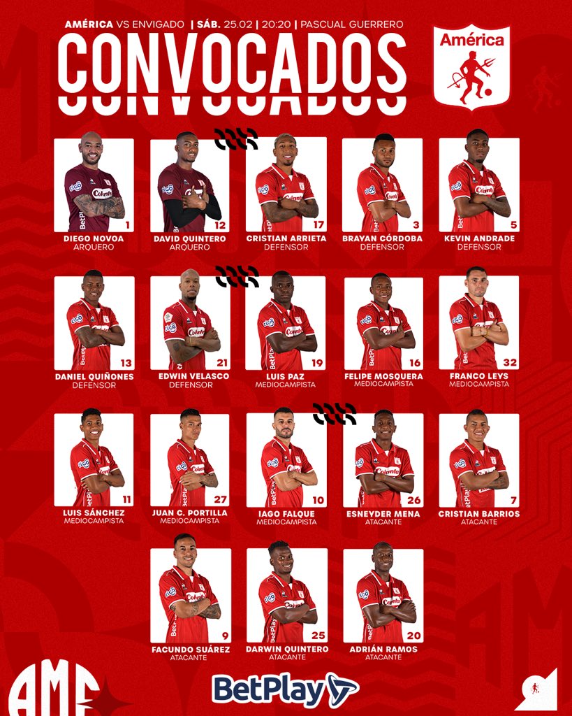 AmericaSA_GO's tweet photo. 👥👥👥 Convocados de @AmericadeCali, sábado 25 de Febrero ⏰ 8:20 P.M 🆚 @EnvigadoFC 👹👍🏟

✅ Luis Paz.

🚫 David Nazarith y Daniel Mosquera.

👨🏻‍⚕️Andrés Sarmiento y Jhon García. https://t.co/INsakapQbw