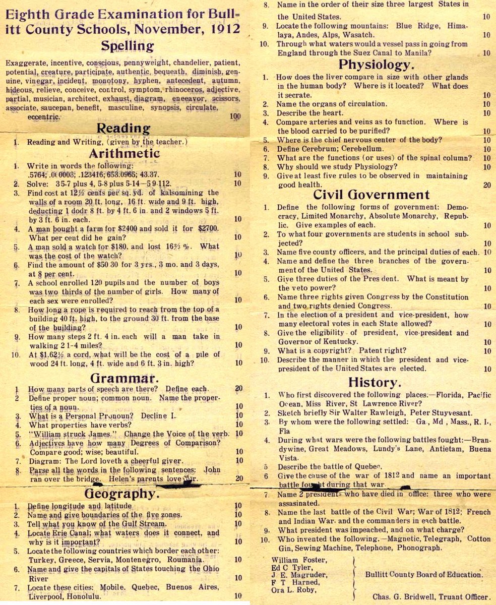 JeremyTate41's tweet photo. Eighth grade graduation exam from 1912 https://t.co/9C9EwYVtrc